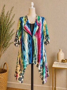 Feratelli Sheer Multicolor Tunic Blouse Asymmetrical Zip Front Size Small